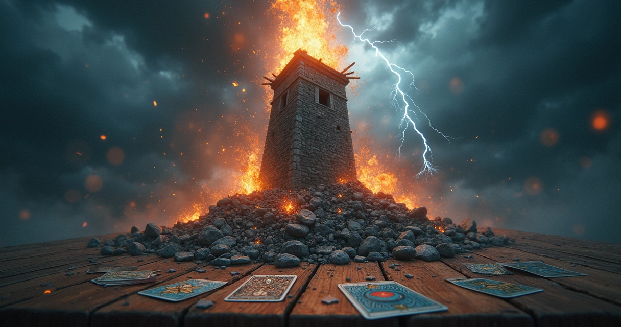 Carta da Torre do Tarot caindo em meio a raios e fogo, céu escuro e nuvens turbulentas ao fundo