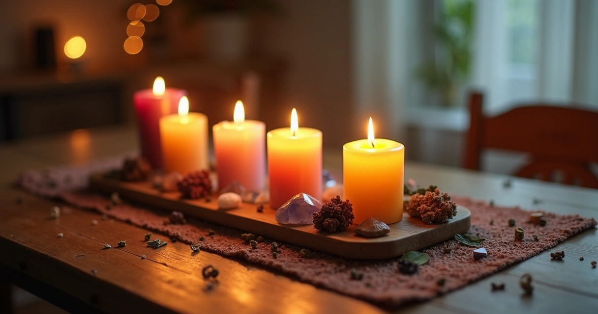 Velas acesas em diferentes cores sobre uma mesa de madeira com elementos esotéricos e ambiente acolhedor