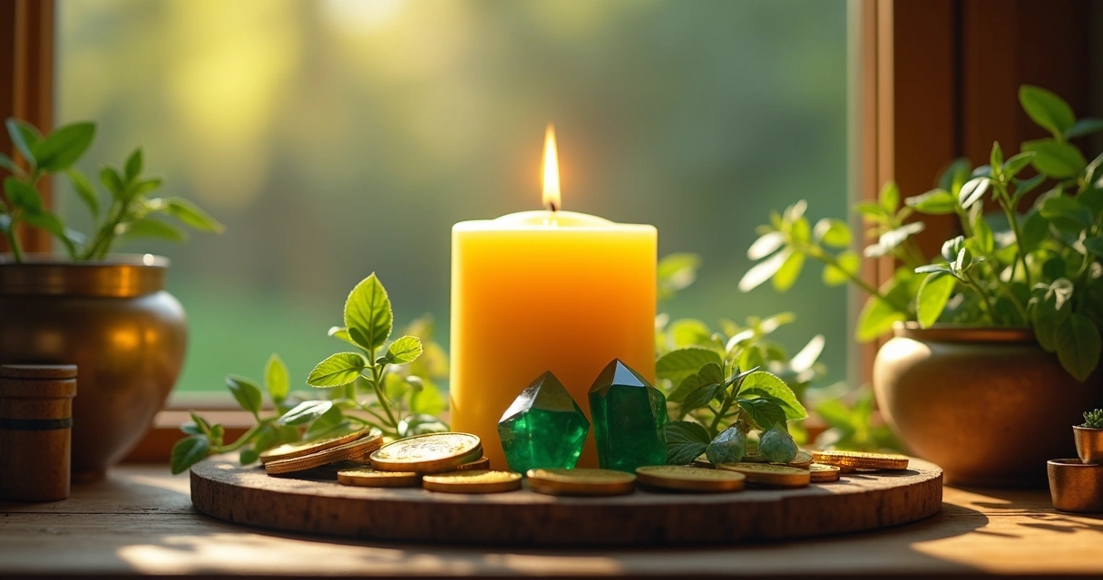 Altar simples para prosperidade com vela amarela, moedas, cristais e plantas em mesa de madeira