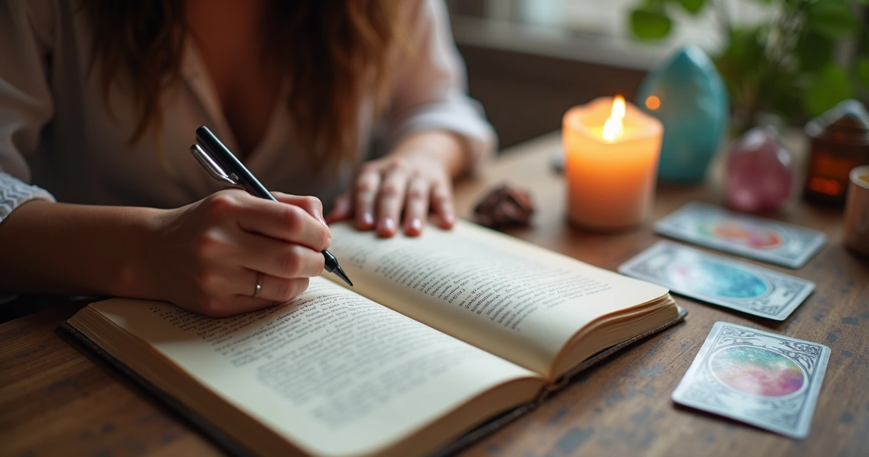 Mãos femininas escrevendo anotações em um caderno ao lado de cartas de oráculo e uma vela acesa