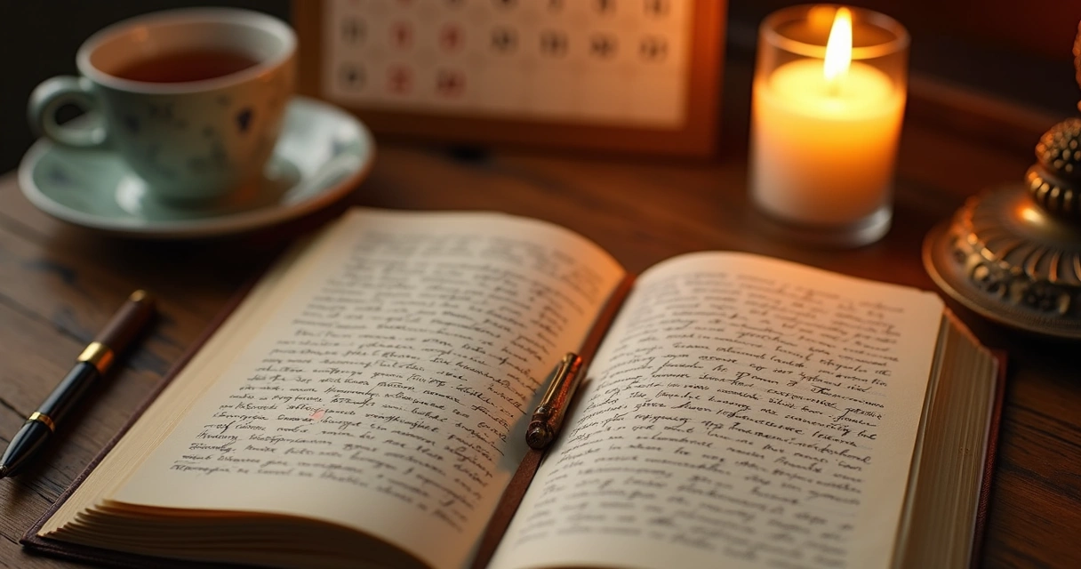 Caderno aberto com anotações manuscritas de sonhos ao lado de uma vela acesa, uma caneta e uma xícara de chá sobre uma mesa de madeira. No fundo, um calendário mensal com símbolos místicos e luz suave dourada iluminando a cena.