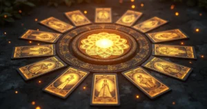 Conjunto das 22 cartas dos Arcanos Maiores do Tarot dispostas em círculo sobre fundo escuro com símbolos místicos e luz dourada