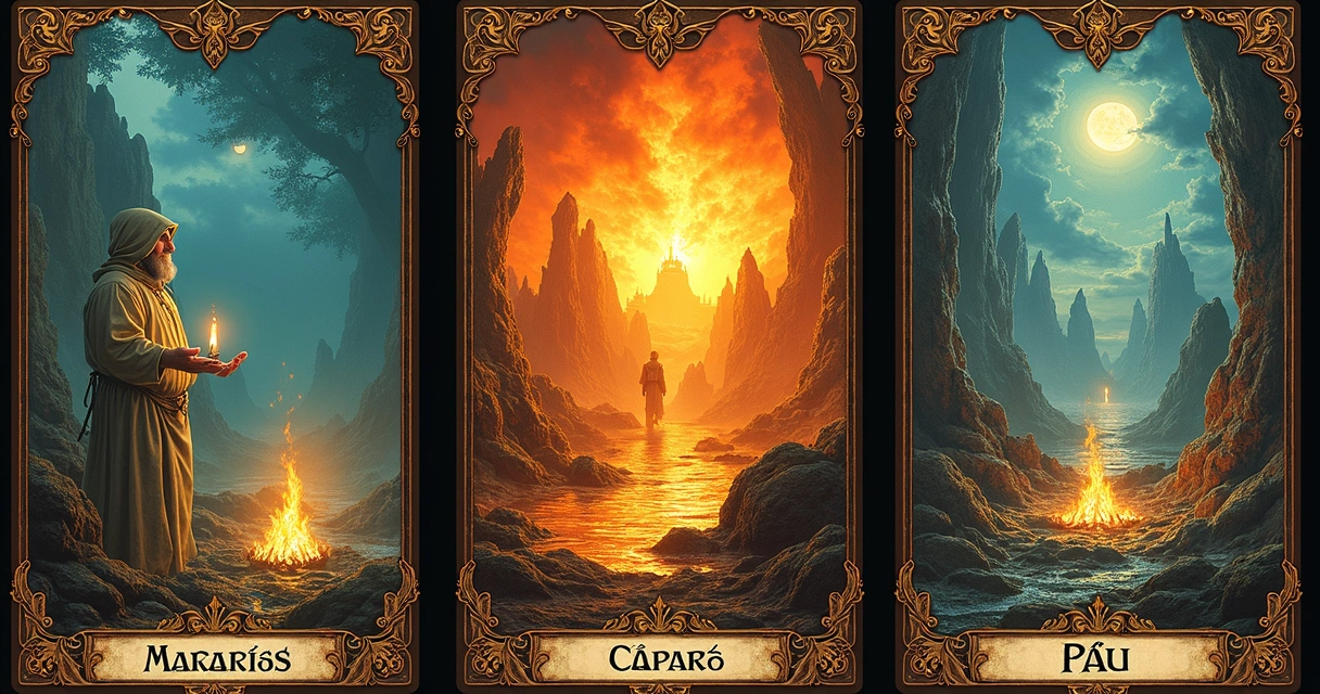 Cartas detalhadas dos Arcanos Menores do Tarot do naipe de Paus com elementos de fogo ao fundo