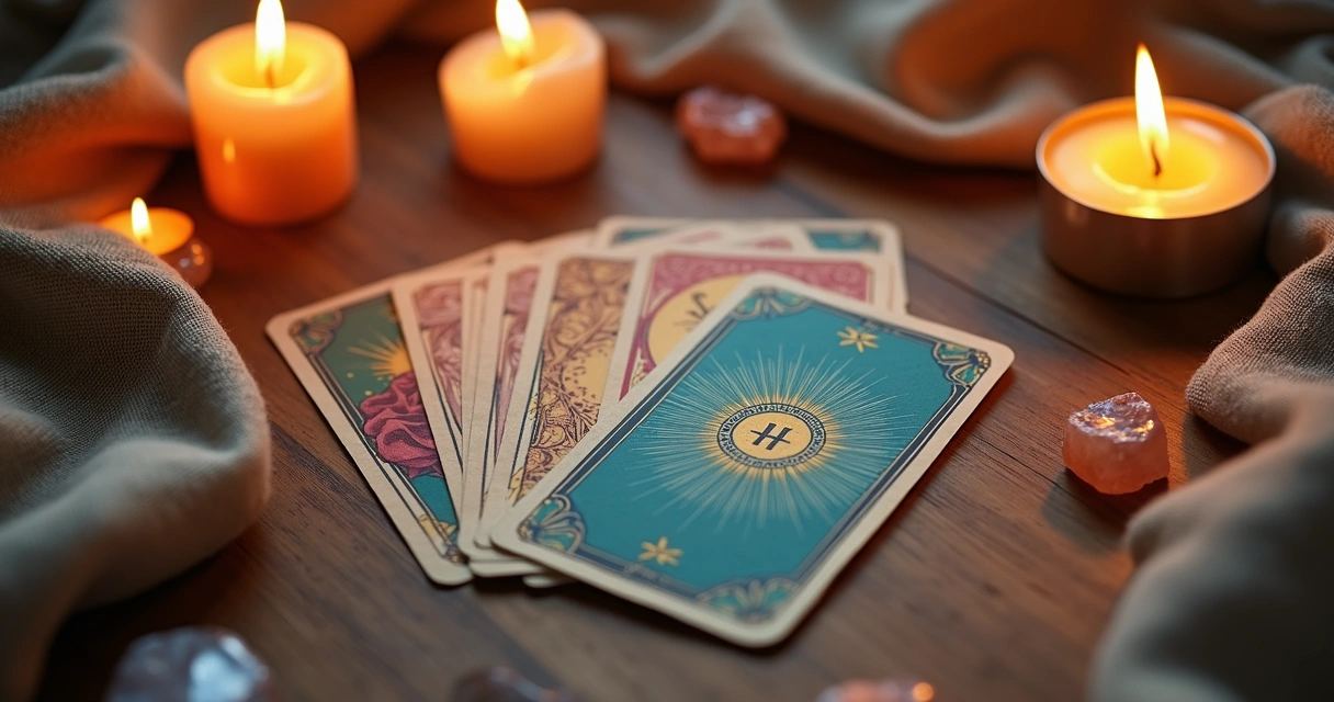 Mesa com cartas de autoconhecimento espalhadas, velas acesas e cristais ao redor