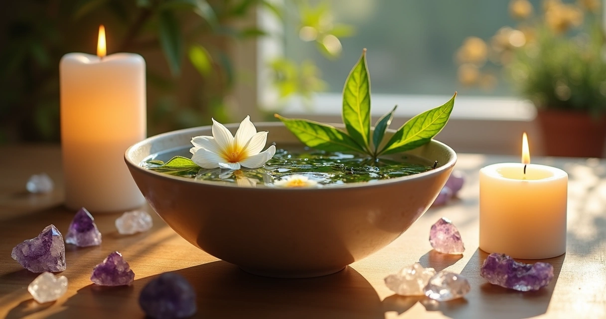 Recipiente com banho de ervas tradicionais, velas acesas e cristais sobre mesa de madeira clara