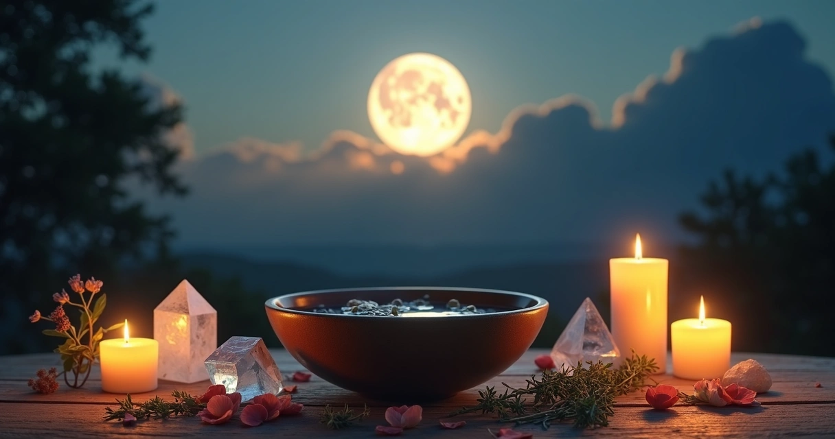 Banho energético com velas e cristais sob a luz da lua cheia