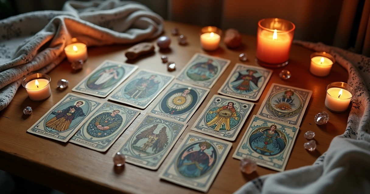 Mesa de madeira com cartas do baralho cigano dispostas em formato de tiragem, ambiente iluminado por velas e cristais ao redor