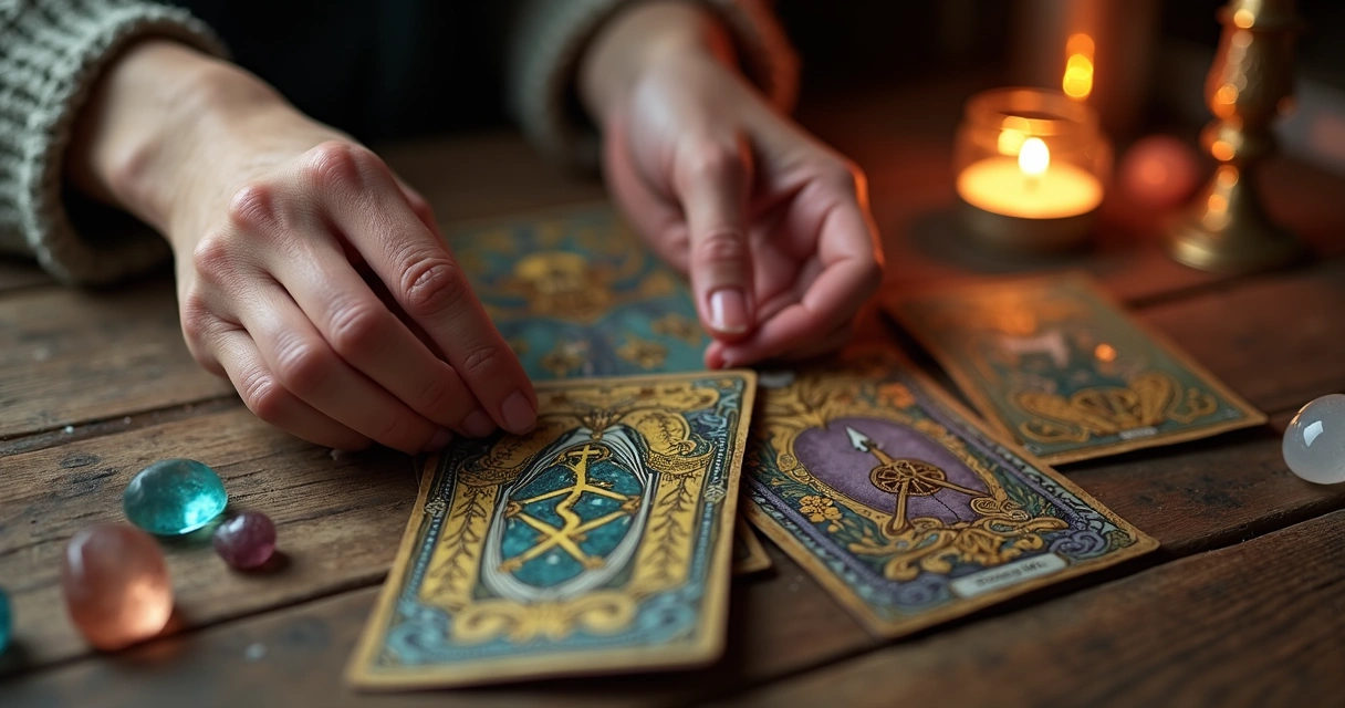 Mãos femininas segurando cartas do Baralho Cigano sobre mesa com velas e cristais