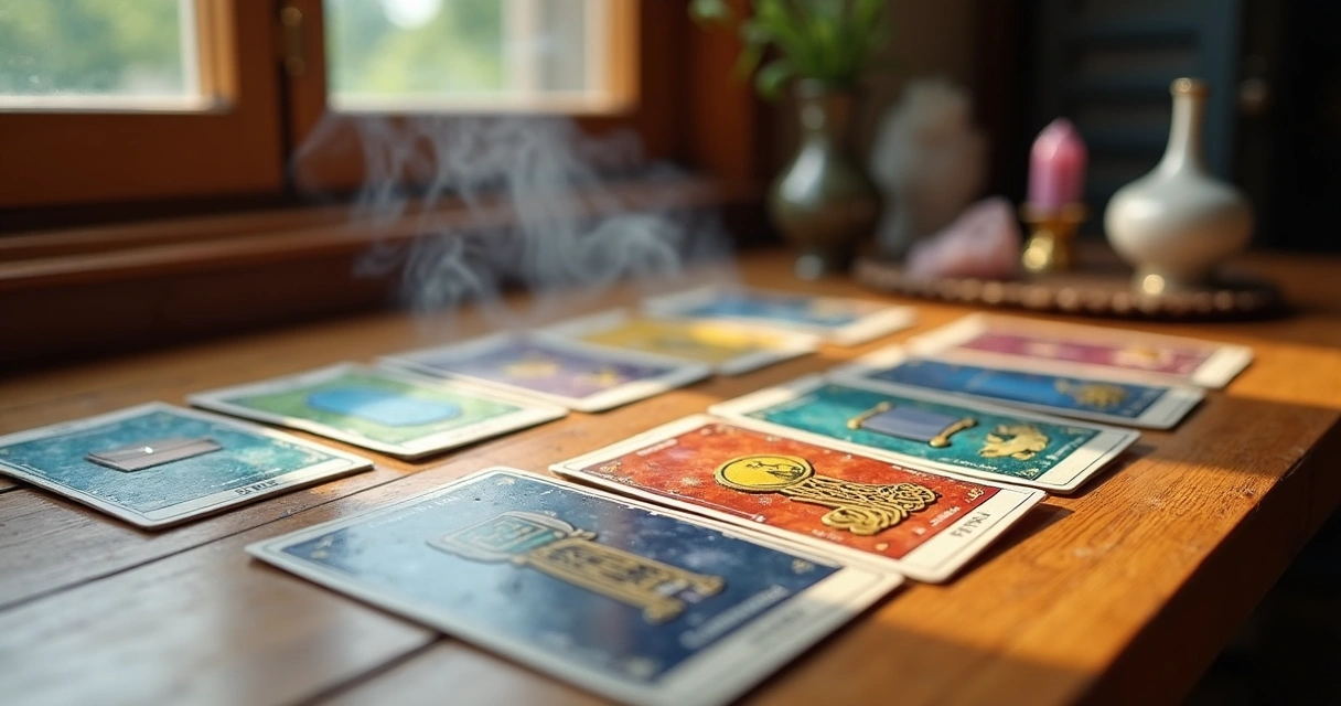 Mesa com baralho cigano aberto, mostrando cartas coloridas e símbolos profissionais em ambiente acolhedor e iluminado