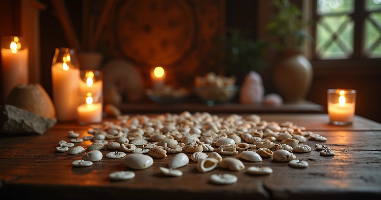 Mesa de madeira com búzios espalhados e velas acesas em ambiente místico
