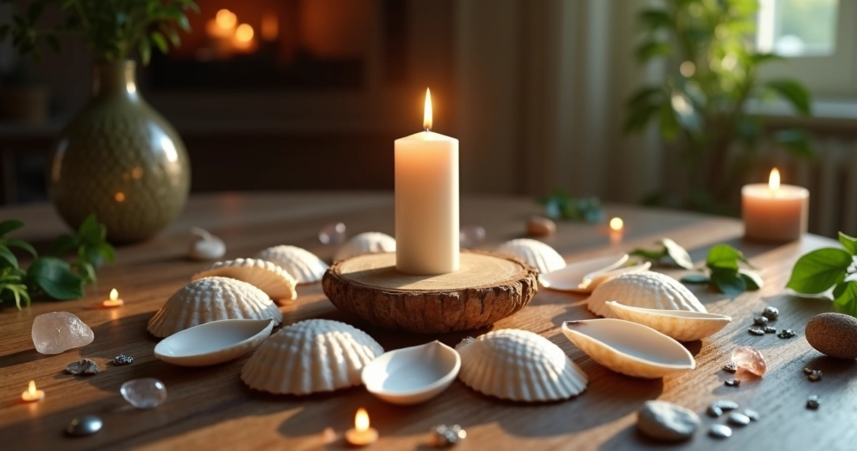 Búzios sobre mesa de madeira com vela acesa, cristais e amuletos para harmonização espiritual