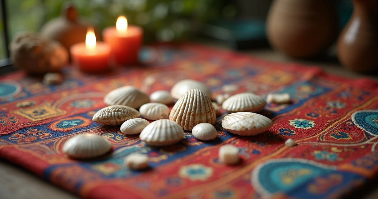 Búzios sobre uma mesa com tecido colorido e símbolos espirituais ao redor