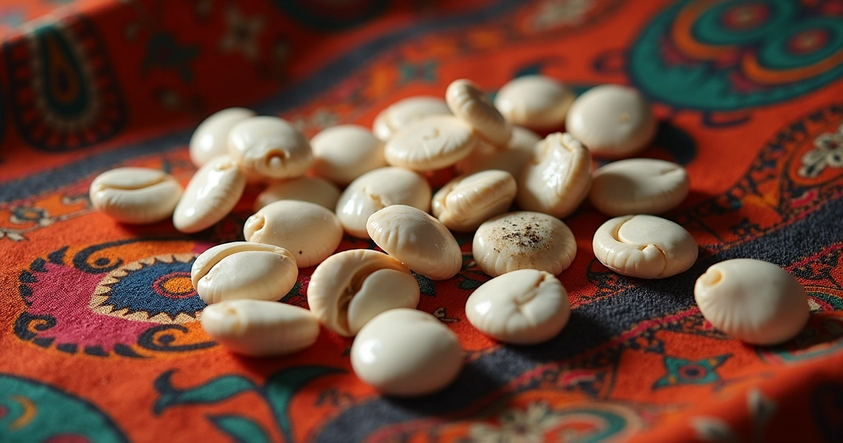 Conchas de búzios espalhadas sobre um tecido colorido com motivos étnicos, iluminação suave e textura detalhada