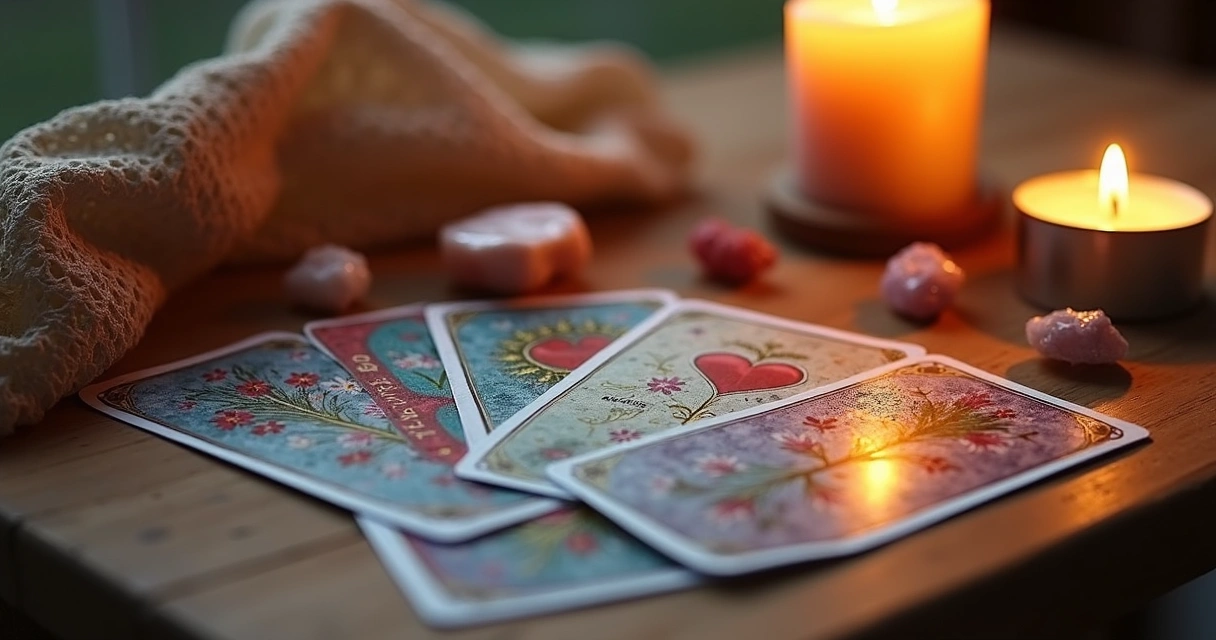 Cartas do baralho cigano dispostas em mesa de madeira com elementos místicos e velas acesas ao fundo