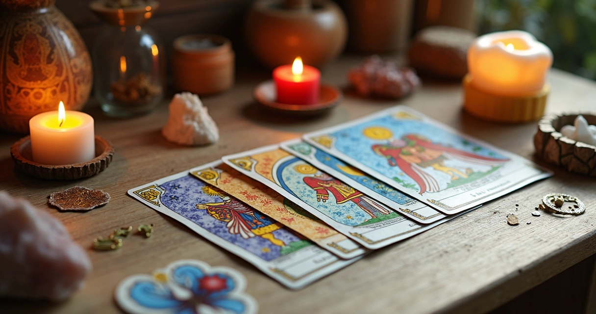 Cartas do baralho cigano coloridas espalhadas sobre mesa de madeira clara com elementos esotéricos ao redor