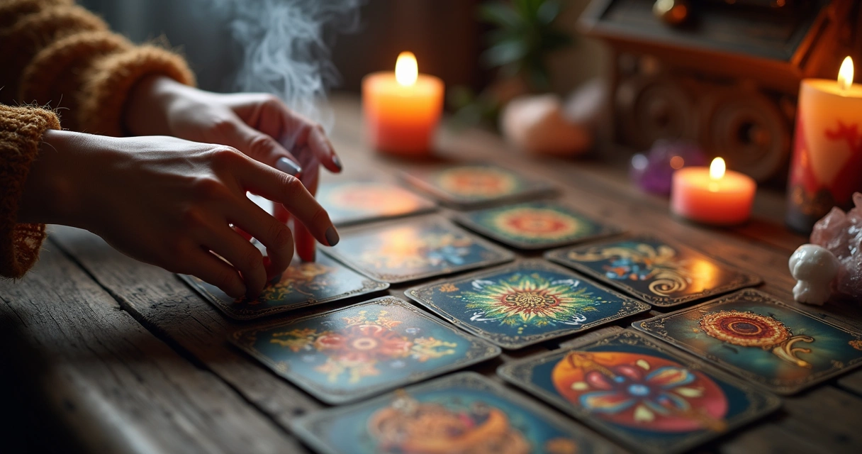 Mãos femininas segurando cartas de tarot coloridas sobre mesa de madeira com velas queimando ao fundo