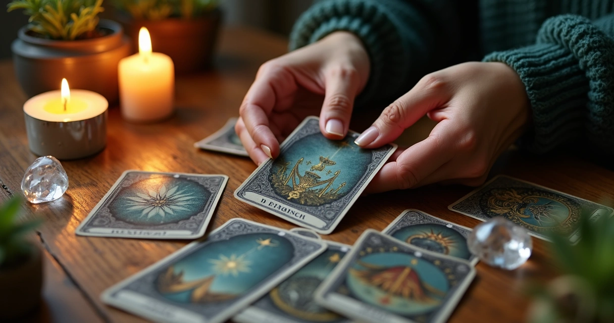 Mãos femininas segurando cartas de tarot negativas sobre mesa de madeira com velas acesas, cristais e plantas ao redor