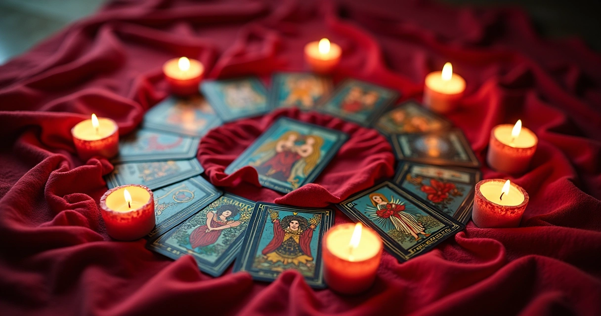 Cartas do tarot dispostas em círculo sobre tecido vermelho com símbolos amorosos