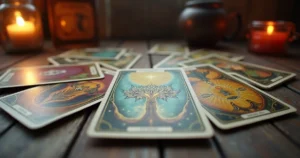 Cartas do tarot dispostas em leque sobre uma mesa de madeira com iluminação suave e detalhes místicos ao fundo