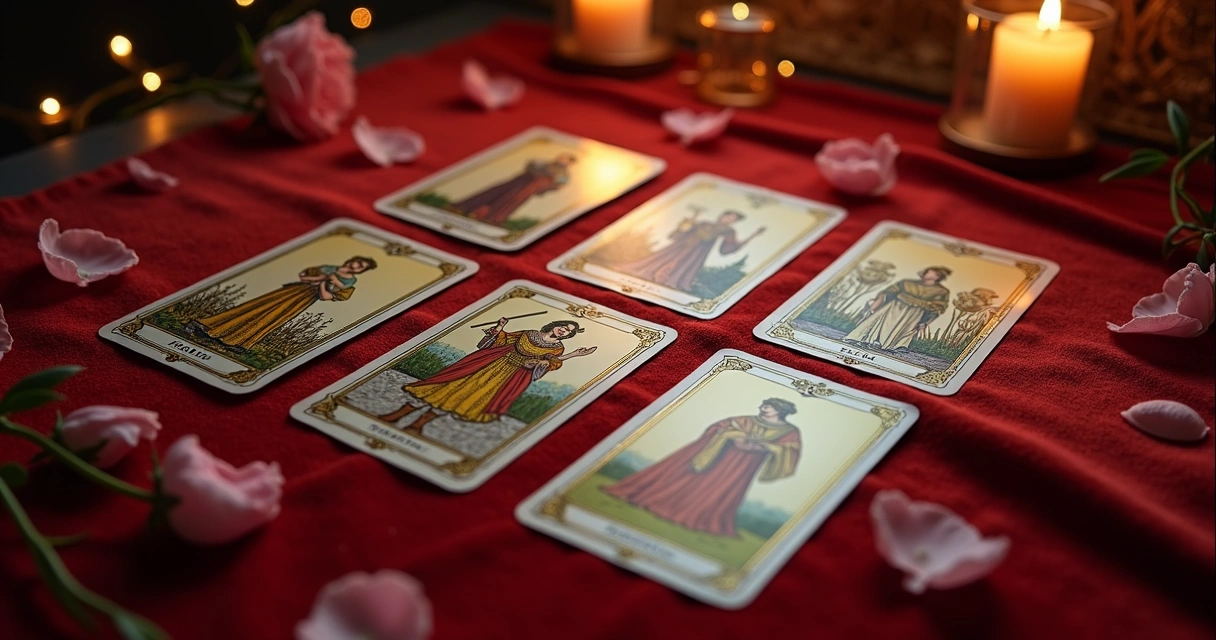 Sete cartas de tarot dispostas sobre tecido vermelho com símbolos de casamento e união amorosa