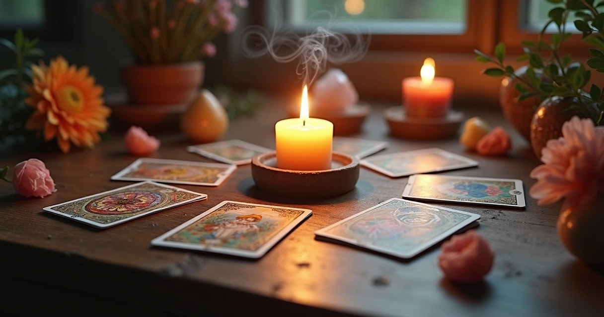 Mesa com cartas de tarot dispostas ao redor de uma vela acesa em ambiente tranquilo e iluminado