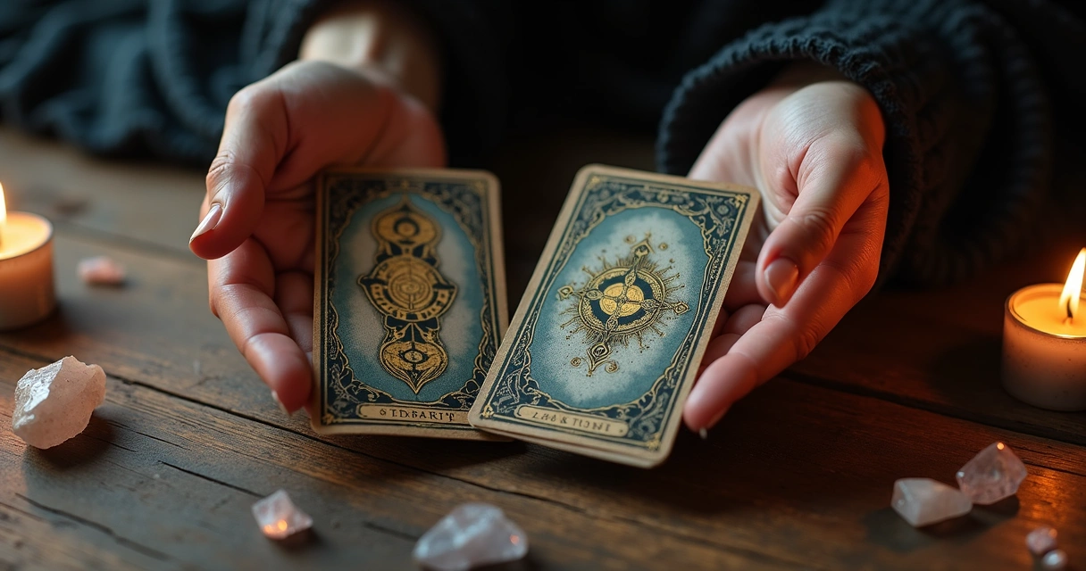 Mãos segurando cartas de tarot em posição invertida sobre mesa com velas acesas e cristais