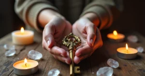 Mãos segurando uma chave antiga dourada sobre uma mesa de madeira com velas acesas e cristais ao redor