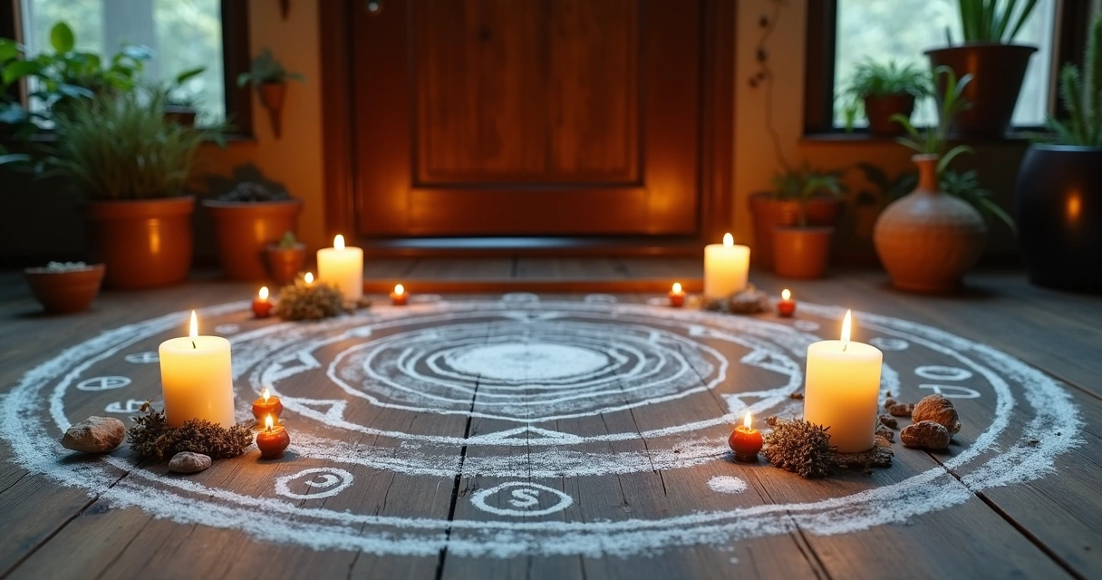 Círculo mágico desenhado no chão com velas, cristais e símbolos esotéricos ao redor de uma porta de casa