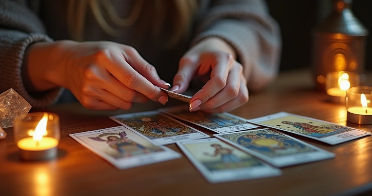 Mãos femininas embaralhando cartas de tarot sobre uma mesa de madeira com elementos místicos ao redor, como cristais e velas acesas