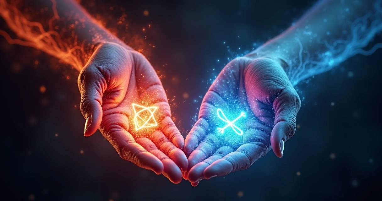 Duas mãos com energia vibrante azul e vermelha envolvendo símbolos místicos em fundo escuro