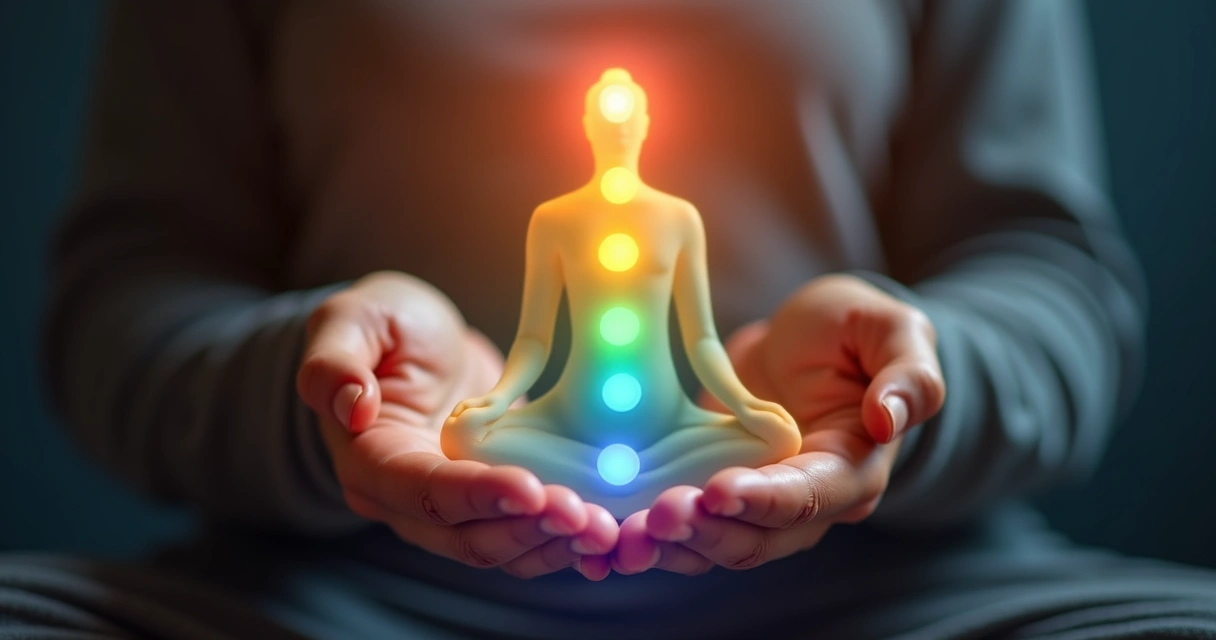 Mãos canalizando energia sobre corpo humano iluminado com luzes coloridas nos chakras