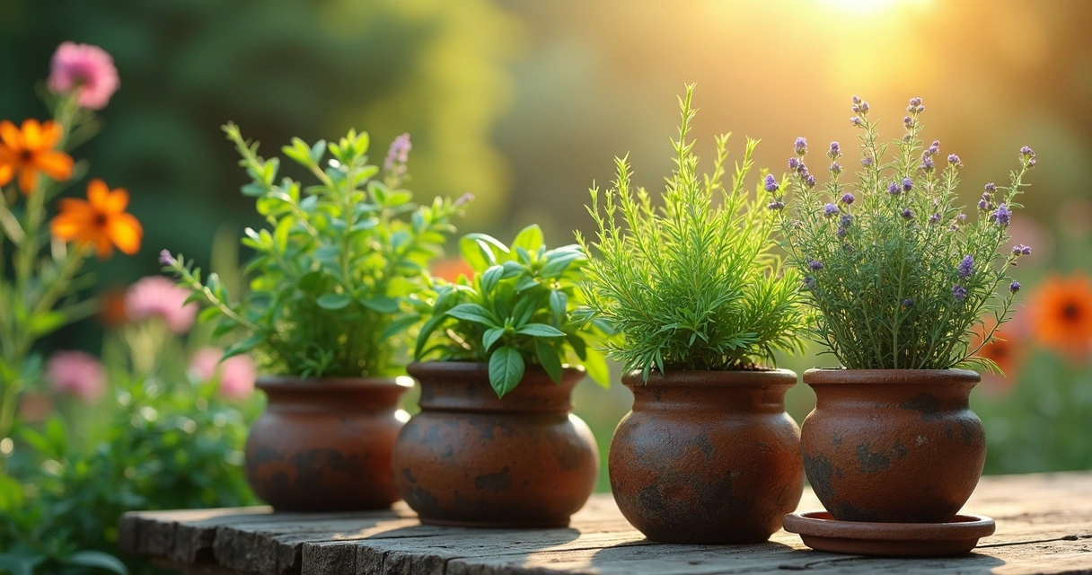 Jardim com várias ervas para rituais em vasos de cerâmica, luz natural suave e flores ao redor