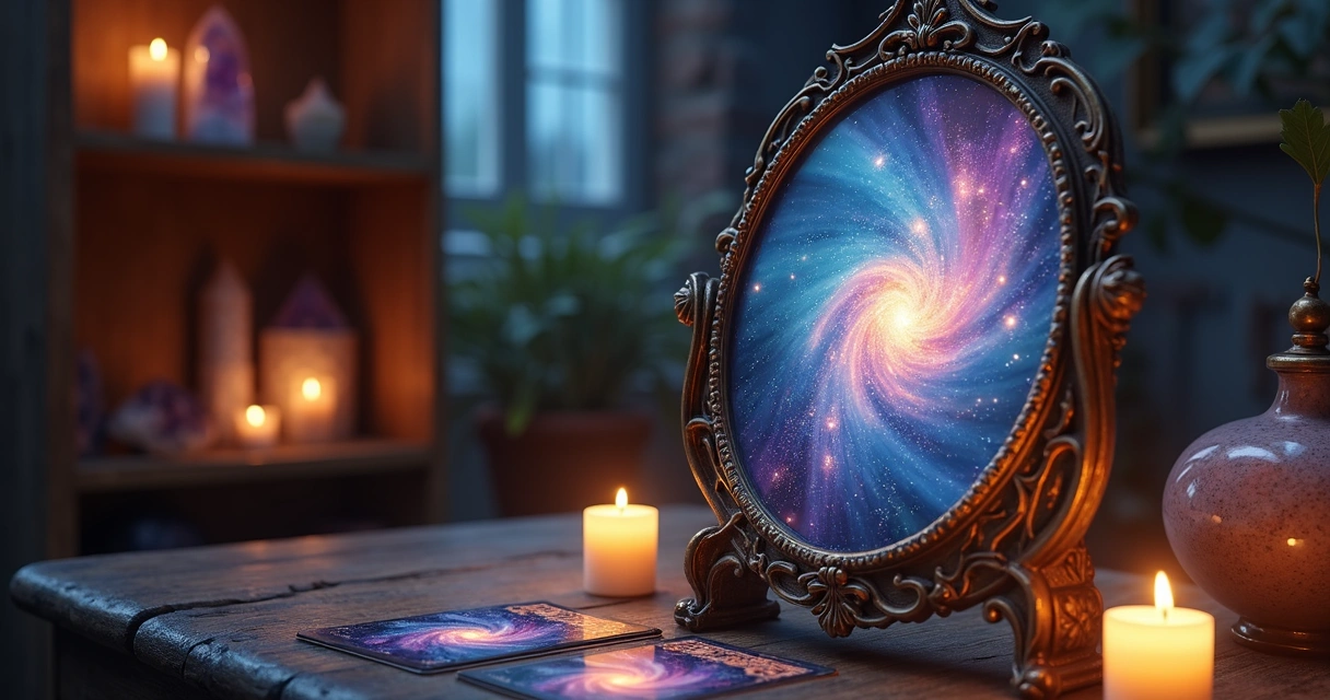 Espelho antigo com reflexo energético colorido e luzes místicas ao redor