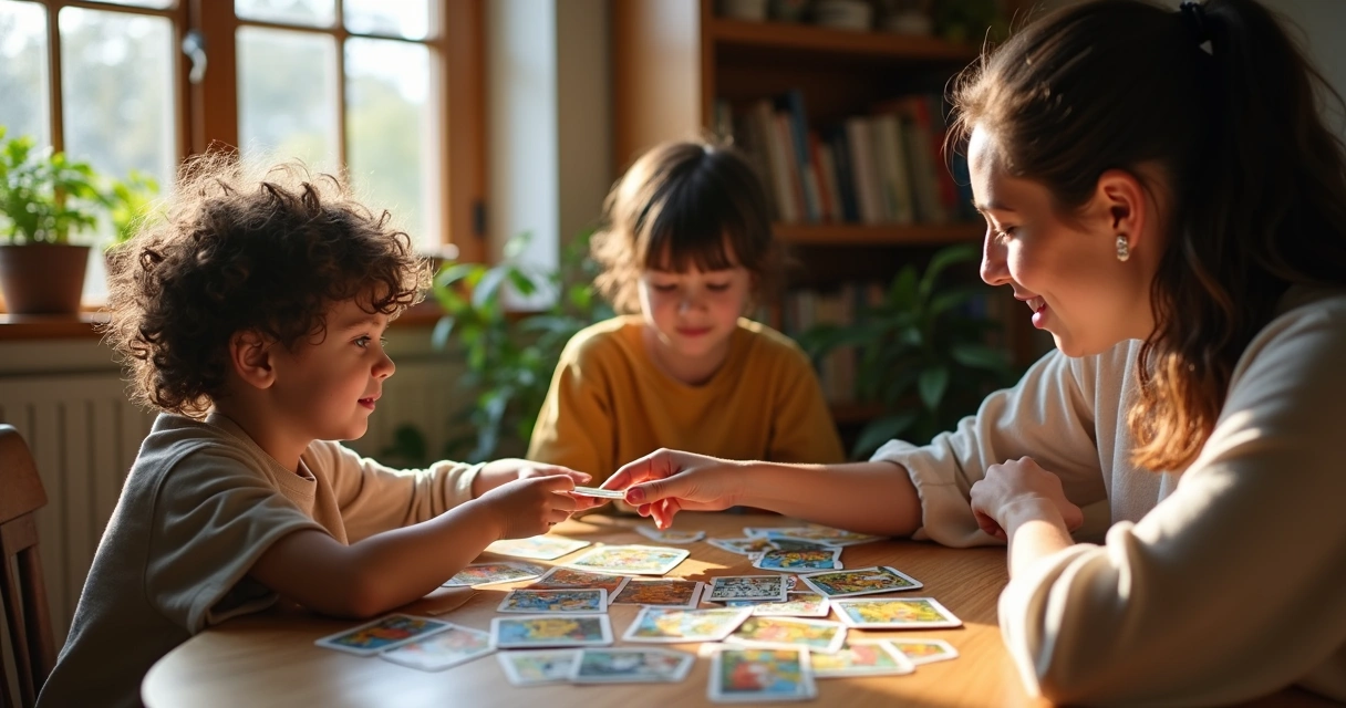 Criança aprendendo tarot com adultos em ambiente familiar acolhedor, cartas espalhadas sobre mesa de madeira clara
