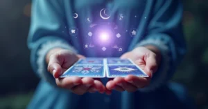 Mãos femininas segurando cartas de tarot e símbolos de sonho flutuando em fundo etéreo azul e violeta