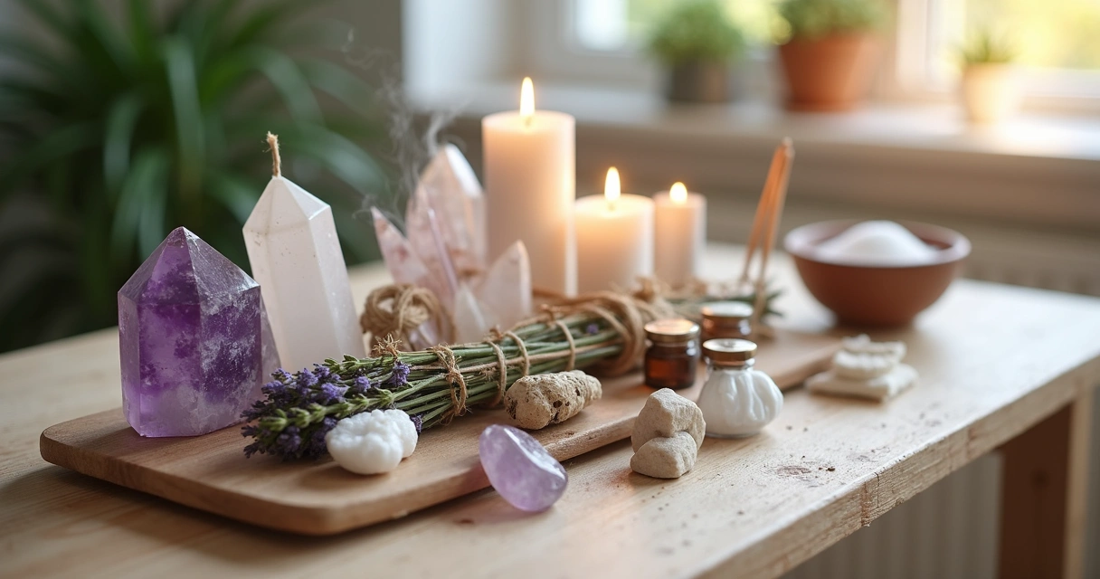 Kit energético para primeiros socorros com cristais, ervas, velas e incensos sobre mesa de madeira clara