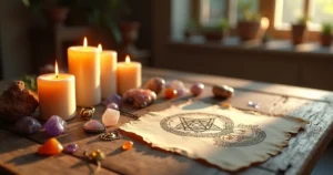 Mesa com velas acesas, cristais, amuletos e símbolos espirituais para proteção energética