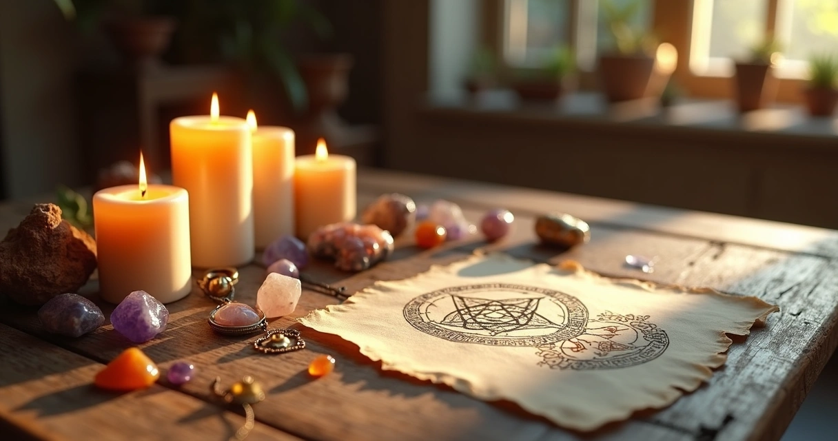Mesa com velas acesas, cristais, amuletos e símbolos espirituais para proteção energética