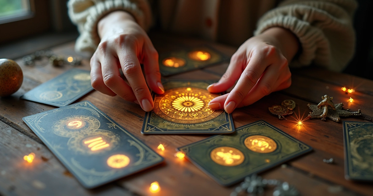 Mãos femininas calculando números com cartas de tarot e símbolos numerológicos ao redor