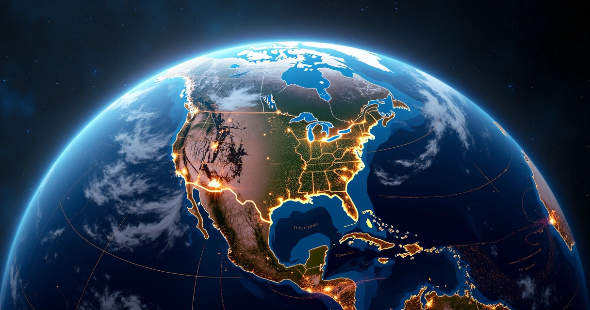 Mapa detalhado da Terra com linhas coloridas de astrocartografia destacadas sobre uma paisagem de cidades e oceanos