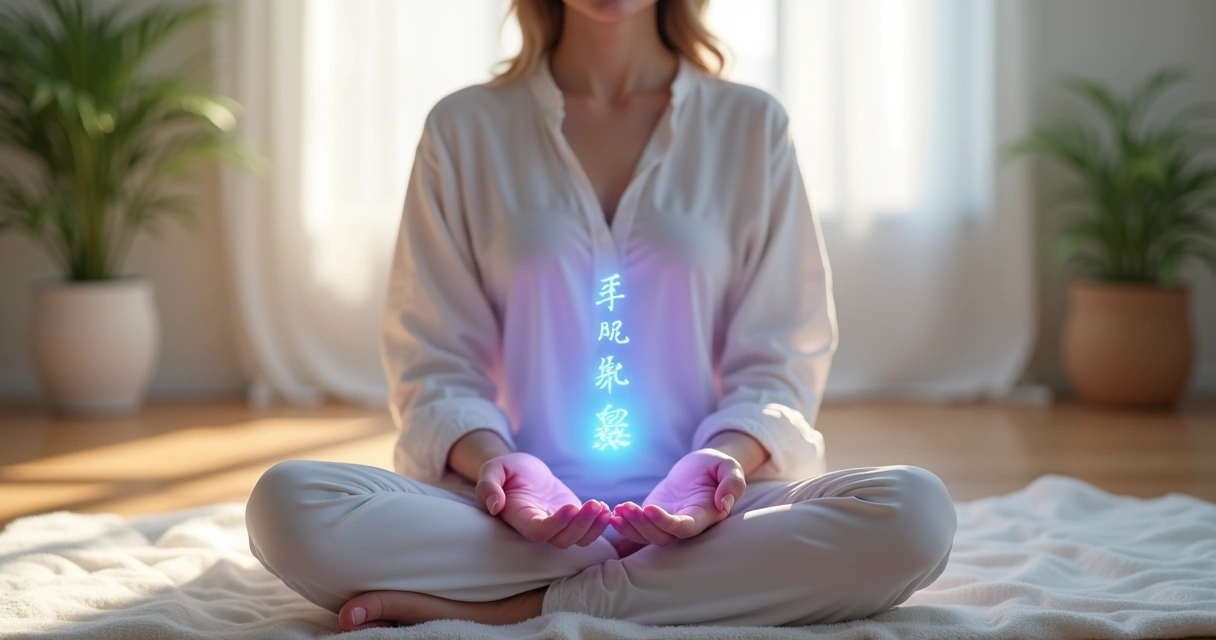 Pessoa meditando em ambiente tranquilo com mãos em posição de imposição e símbolos energéticos brilhando ao redor