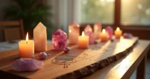 Mesa radiônica com cristais, velas acesas e símbolos espirituais para harmonização emocional e amorosa