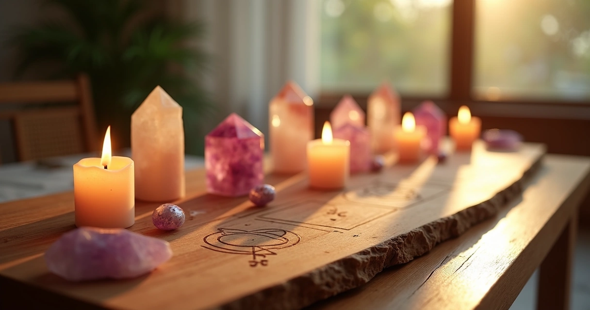Mesa radiônica com cristais, velas acesas e símbolos espirituais para harmonização emocional e amorosa