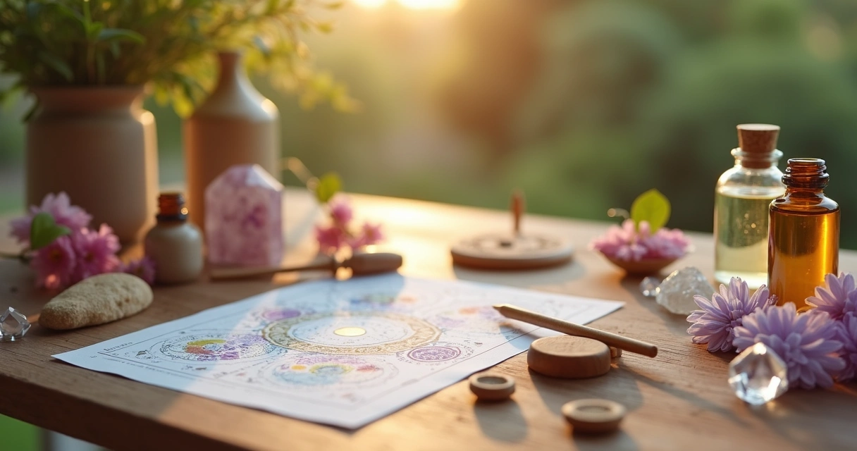 Mesa radiônica com instrumentos de limpeza energética sobre uma mesa de madeira com cristais e flores ao redor