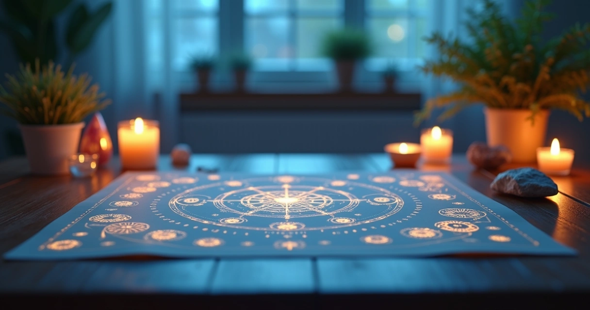 Mesa radiônica com gráficos e símbolos esotéricos iluminados, ambiente sereno e luz suave azulada