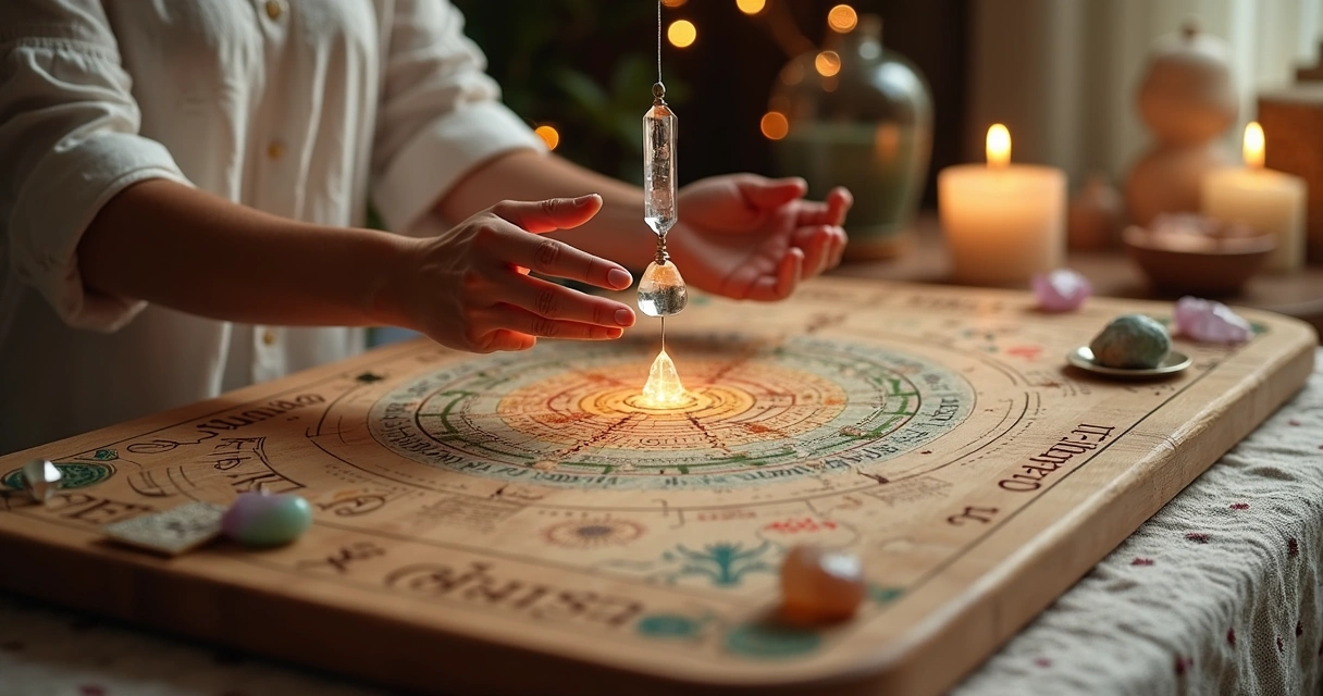 Mesa radiônica com terapeuta usando pêndulo sobre gráficos e símbolos energéticos