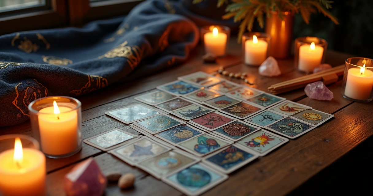Mesa de madeira com cartas de tarot espalhadas, velas acesas e cristais decorativos