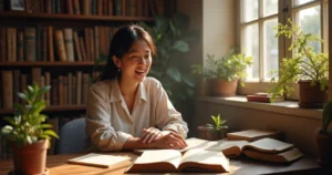 Mulher sentada em ambiente aconchegante contando uma história com livros abertos ao redor