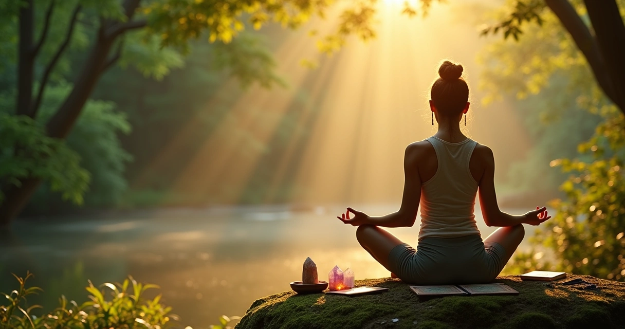 Mulher meditando ao ar livre em ambiente natural para buscar paz interior e harmonia espiritual