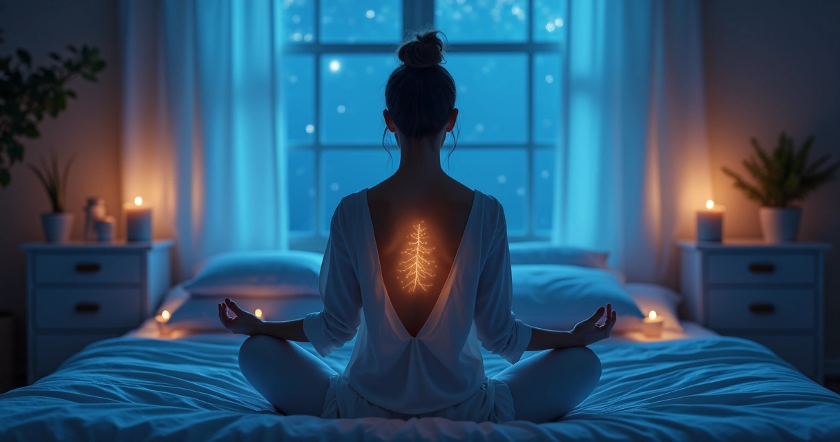 Mulher sentada numa cama com postura de reiki, mãos sobre o peito, luz suave azul e ambiente tranquilo para dormir